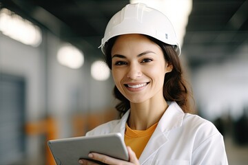 Professional woman engineer in an industrial setting wearing a hard hat and using a tablet.