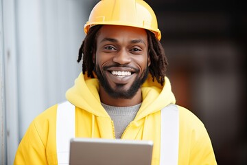 Confident black engineer working outdoors, wearing a hard hat, and using a tablet for construction.