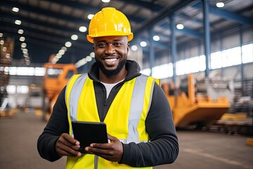 Focused black industrial engineer in a hard hat working with technology and equipment in a manufacturing facility.