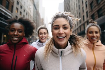 Fototapeta premium Group portrait of young women running outside in the snow