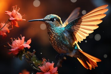 Obraz premium A delicate hummingbird perches gracefully on a vibrant branch adorned with colorful flowers, showcasing the beauty of nature's harmony in the great outdoors