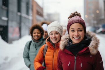 Fototapeta premium Group portrait of young women running outside in the snow