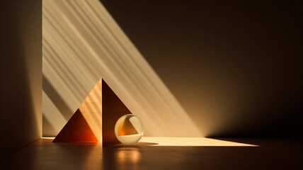 Abstract shapes in an empty room with dimmed light, the refraction of light rays gives clarity to geometric shapes creating an overall composition. Generative AI