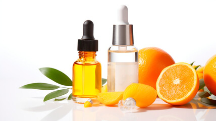 Clean Label Cosmetics Bottles, Vitamin C Serum Commercial, Lemon and Orange Based Cosmetics. Generative AI 
