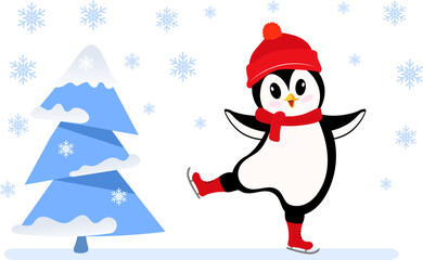 Winter is coming. Penguin on skates and Christmas tree. Christmas and New Year vector composition.