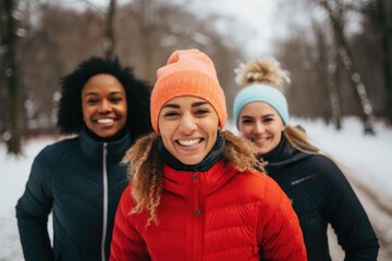 Fototapeta premium Group portrait of young women running outside in the snow