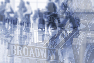 Abstract image of people walking in the airport with  sign Broadway as double exposure background. It can be used as background of travel to New York City concept. 