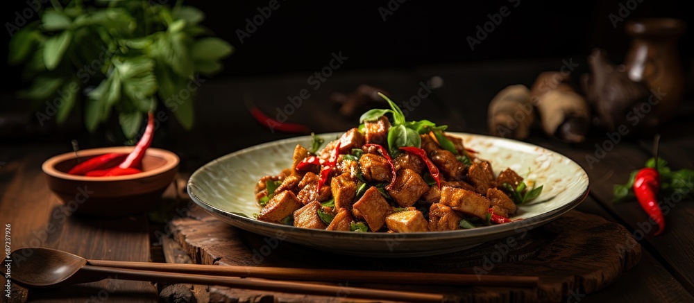 Poster spiced tempeh stir fried with shallots garlic salt bay leaf laos and chilies served on a table copy 