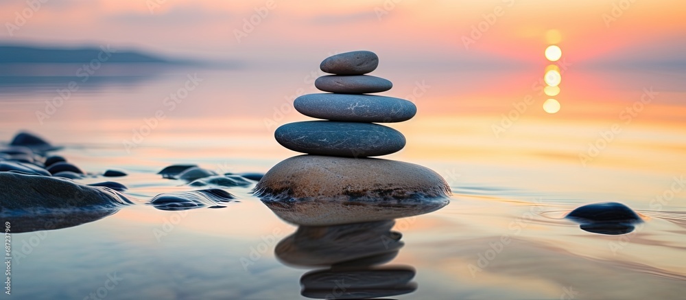 Poster Sunrise beach stones in close up Copy space image Place for adding text or design