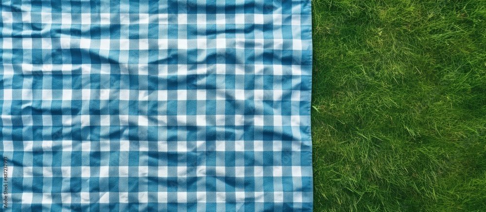 Fototapete Top view of a country style checkered towel on green grass serving as a backdrop for a food advertisement display Copy space image Place for adding text or design