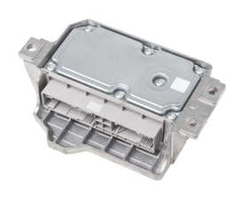 car engine control unit with metal elements on a white isolated background is the connecting center of various subsystems, units and assemblies. Monitoring the state of the moment. Spare part