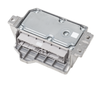car engine control unit with metal elements on a white isolated background is the connecting center of various subsystems, units and assemblies. Monitoring the state of the moment. Spare part