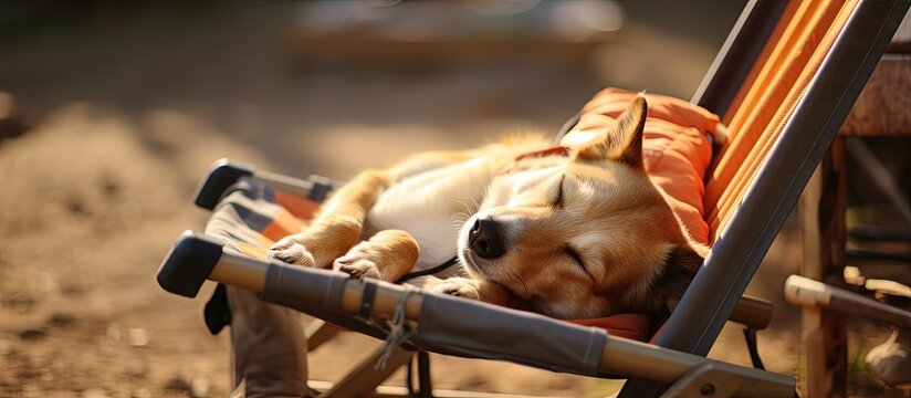 Snoozing mutt on outdoor chair Copy space image Place for adding text or design