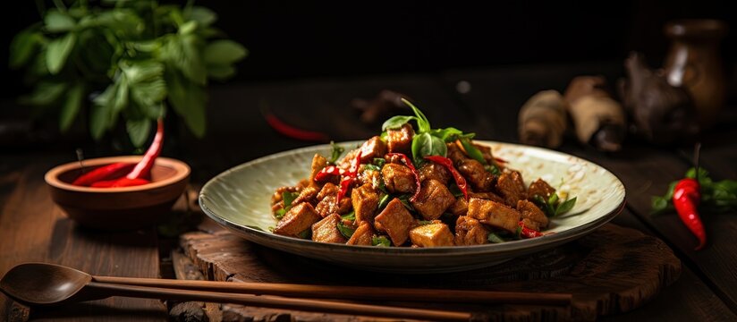 Spiced tempeh stir fried with shallots garlic salt bay leaf laos and chilies served on a table Copy space image Place for adding text or design