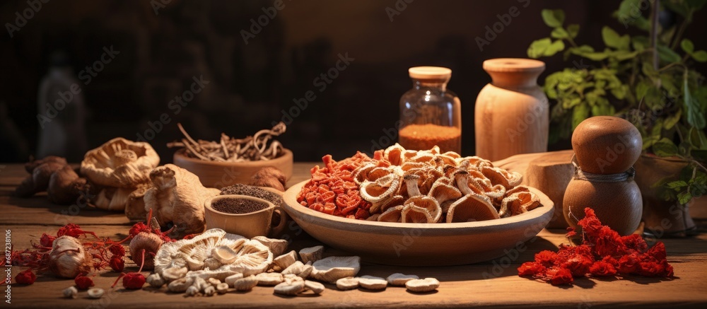 Poster Wooden table with Red Ginseng and dried mushrooms vignette Copy space image Place for adding text or design