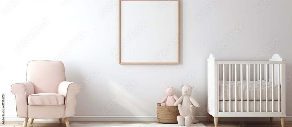 Fototapete Scandinavian style child room with empty picture frame baby bed chair Cozy and free space for your picture 3D rendering Copy space image Place for adding text or design