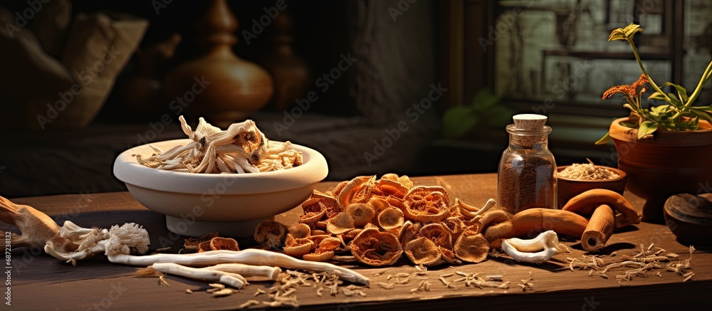 Poster Wooden table with Red Ginseng and dried mushrooms vignette Copy space image Place for adding text or design