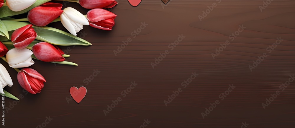 Poster Valentine s Day themed with chocolates hearts and red tulips Copy space image Place for adding text or design