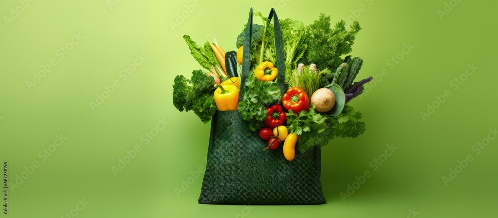 Poster sustainable lifestyle with eco bag fresh vegetables fabric shopper vegan concept zero waste organic 