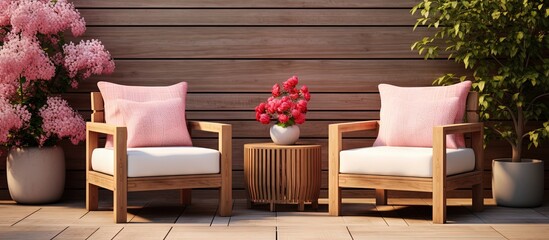 Fototapeta na wymiar Striped pillows and poufs complement beige garden furniture on a wooden terrace with pink flowers Copy space image Place for adding text or design