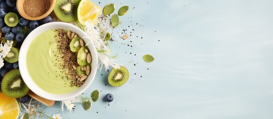 Superfood smoothie bowl with matcha green tea chia flax and pumpkin seeds bee pollen granola coconut flakes kiwi and blueberries displayed from above Copy space image Place for adding text or d - Powered by Adobe