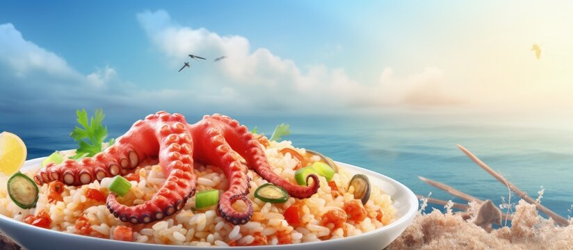 Traditional Mediterranean cuisine of rice and octopus Copy space image Place for adding text or design