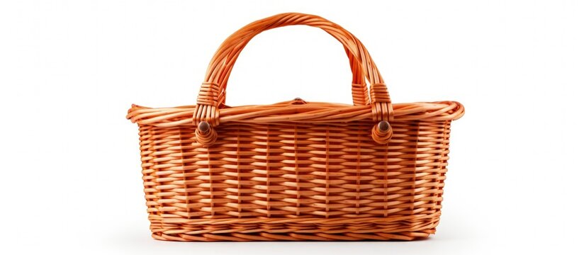 Top view of a white isolated picnic basket with wicker weave Copy space image Place for adding text or design
