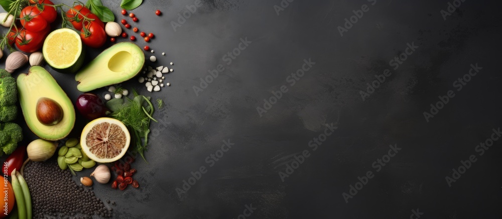 Aufkleber Various healthy foods arranged on a gray table Copy space image Place for adding text or design