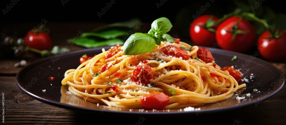 Poster traditional homemade italian spaghetti pasta served on a rustic dark table with a wooden background 