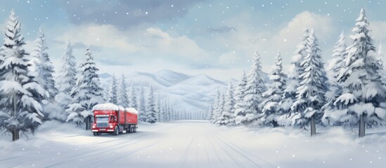 Fototapeta na wymiar Winter scene with a festive truck carrying acrylic painted Christmas trees in the snow Copy space image Place for adding text or design
