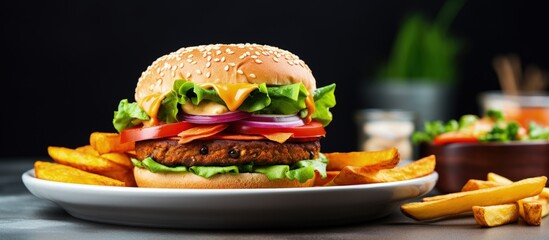 Vegan burger with carrot patties and fried potato on table Light background Space for text Copy...