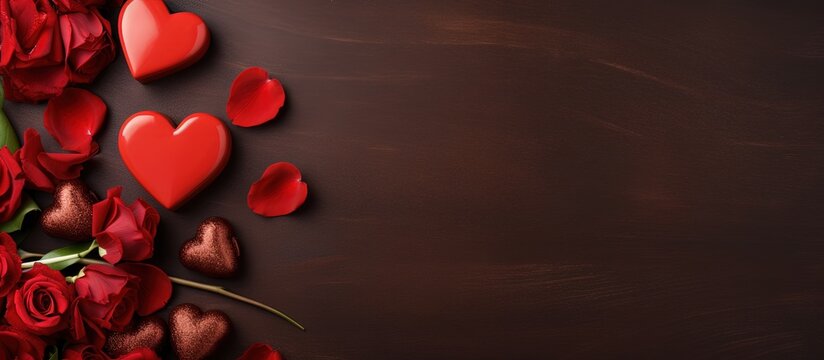 Valentine s Day themed with chocolates hearts and red tulips Copy space image Place for adding text or design
