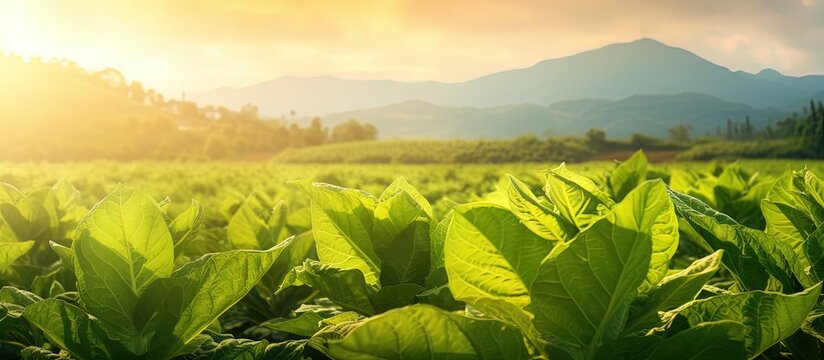 Tobacco plant in field with beautiful landscape green leaves evening sunlight empty space Copy space image Place for adding text or design