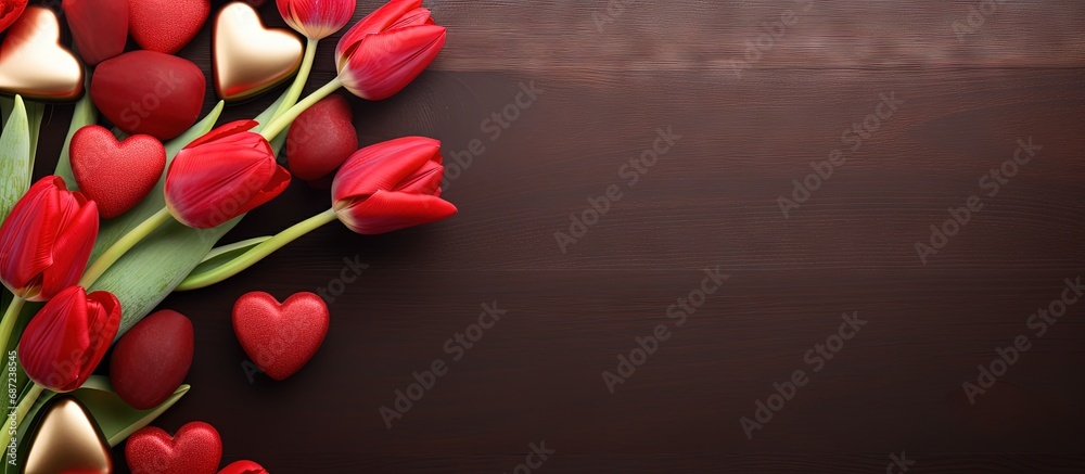 Aufkleber valentine s day themed with chocolates hearts and red tulips copy space image place for adding text 