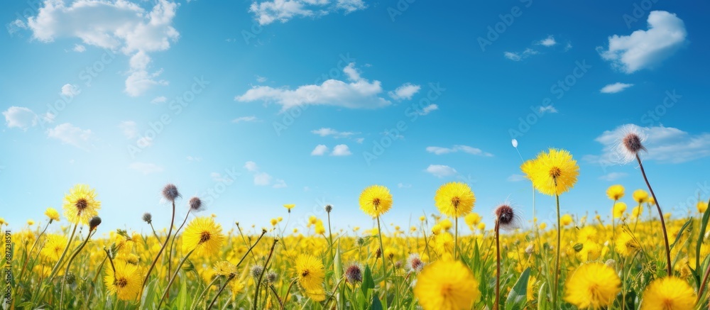 Aufkleber Yellow dandelions and blue sky in a field Copy space image Place for adding text or design