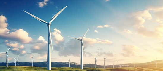 Wind power relies on air flow moving through turbines to generate electricity Copy space image Place for adding text or design