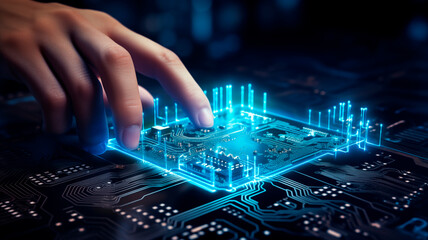 A microchip in the hands of a person, a macro image, modern technologies, business concepts, scientific developments. Generative AI 