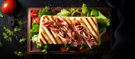 Top view of ham tomato cheese and lettuce panini club sandwich Copy space image Place for adding text or design