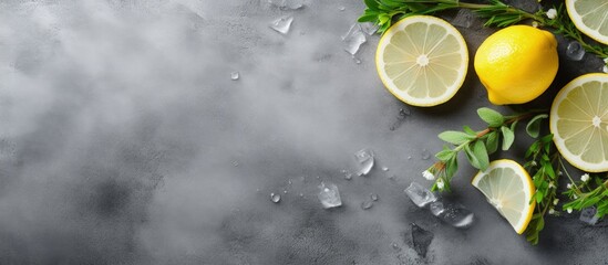 Top view of fresh oysters lemon herbs and ice on a grey background Copy space available Copy space image Place for adding text or design - obrazy, fototapety, plakaty