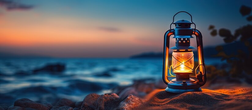 Vintage oil lantern by the sea Evening Colorful illuminated lamp Travel concept Copy space image Place for adding text or design