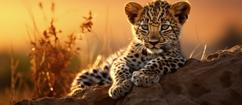 Young leopard on termite mound at sunset Copy space image Place for adding text or design