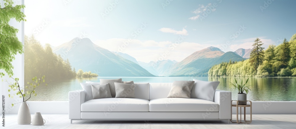 Poster scandinavian inspired 3d illustration of a white living room with a sofa and a summer landscape seen