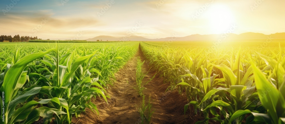 Poster Sunrise backdrop showcasing a wide view of a fresh corn field plantation Copy space image Place for adding text or design