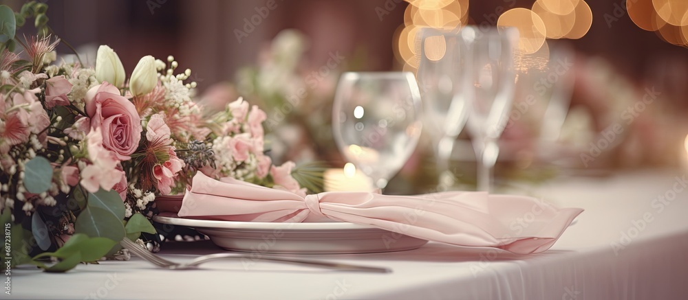 Aufkleber Wedding table adorned with flowers Banquet table styled and adorned with cutlery Copy space image Place for adding text or design
