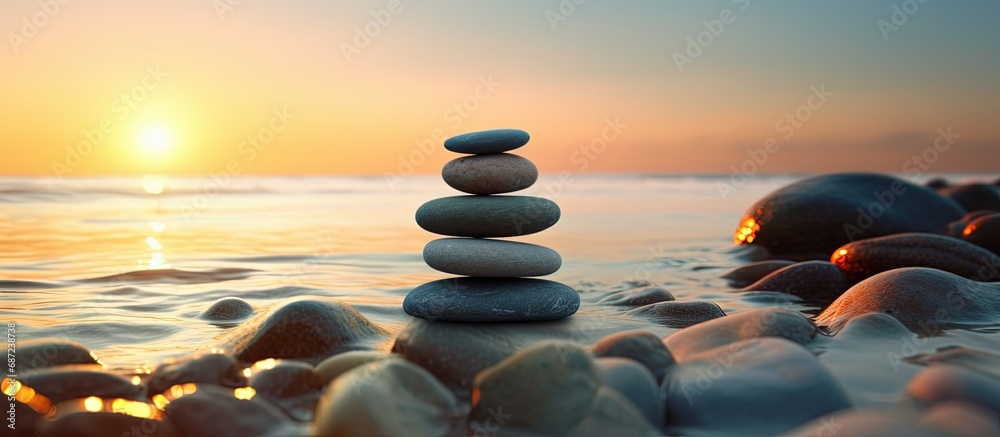 Poster zen stones on the beach symbolizing relaxation and meditation during sunset copy space image place f