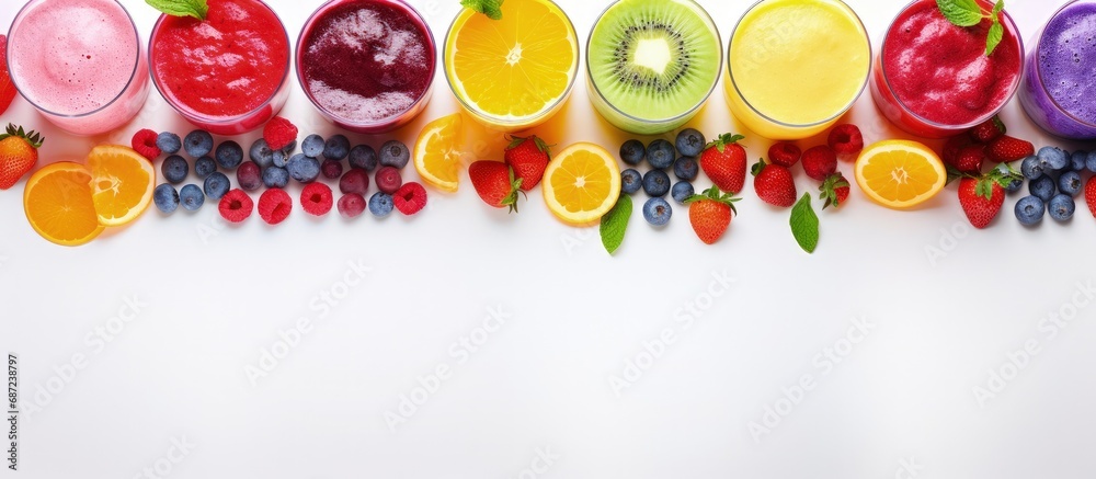 Poster Vibrant drinks made from plants fruits and berries viewed from above Copy space image Place for adding text or design
