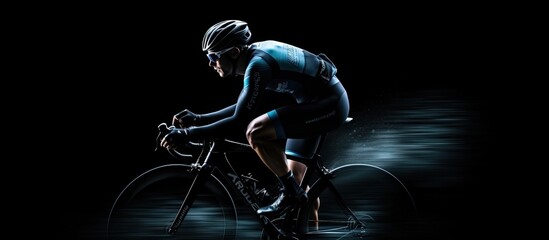 Silhouette of a cyclist riding a sport bike isolated on black background Copy space image Place for...