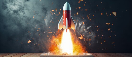 Successful business startup idea Drawing a rocket on chalk paper and blasting off from a blackboard Copy space image Place for adding text or design - obrazy, fototapety, plakaty
