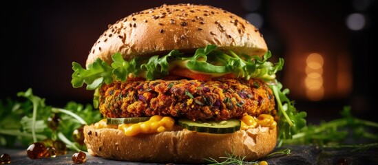 Spicy vegan burgers with millet chickpeas and herbs in selective focus Copy space image Place for...