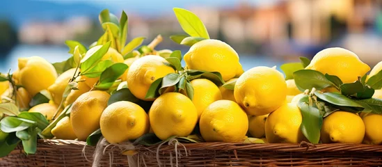 Muurstickers Various types of lemons available at a farmer market in Taormina Sicily Italy Copy space image Place for adding text or design © HN Works